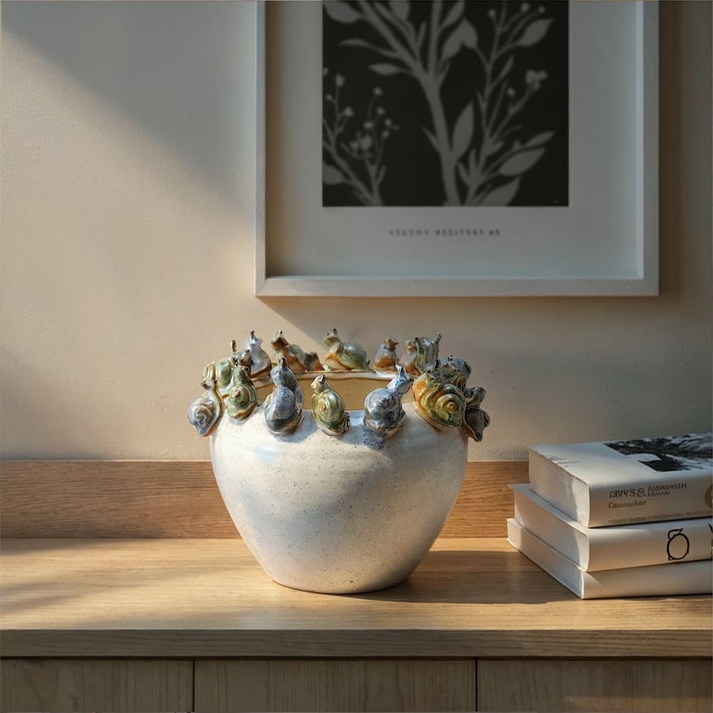 Stoneware Planter with 3D Snails on Rim in Reactive Speckled Glaze - 7.13"L x 6.88"W x 6.13"H