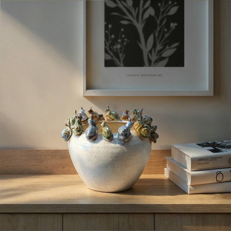 Stoneware Planter with 3D Snails on Rim in Reactive Speckled Glaze - 7.13"L x 6.88"W x 6.13"H - Multicolor