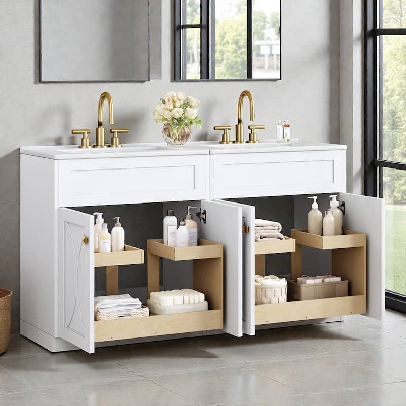 60 Inch Bathroom Vanity Set with Ceramic Sink, Modern Freestanding Storage Cabinet with Gold Handles and Soft Close Doors