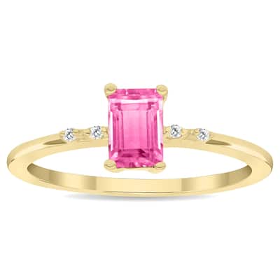Women's Emerald Cut Pink Topaz and Diamond Sparkle Ring in 10K Yellow Gold