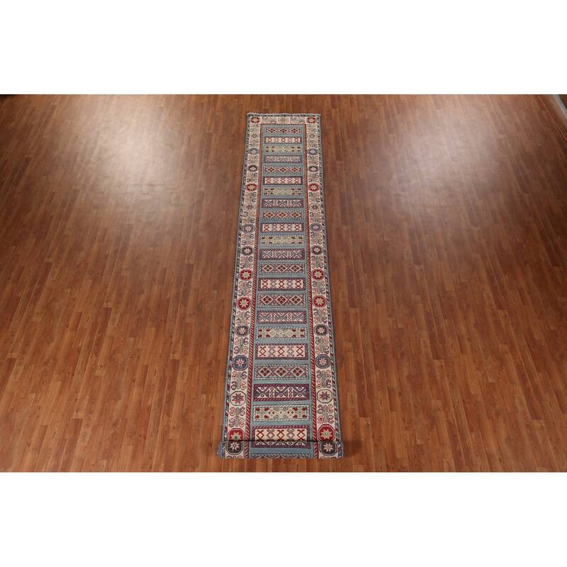 Light Blue Kazak Oriental Runner Rug Handmade Wool Carpet - 3'0" x 16'5"