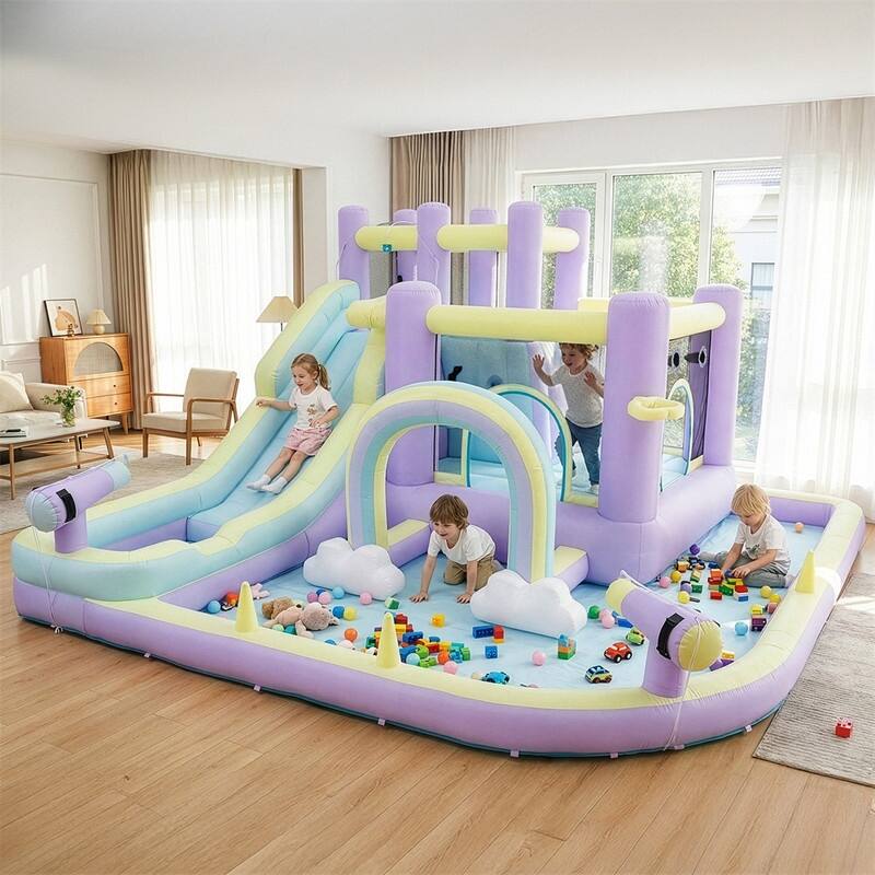 Oxford Cloth Rainbow Inflatable Water Bounce Castle In Pink And Purple With Slide And Climbing Wall - N/A