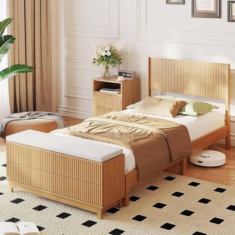 Natural Oak Wood Platform Bed Frame with Built-in Footboard Storage Bench,4 Drawers,Headboard,Heavy duty,No Box Spring Needed - Twin