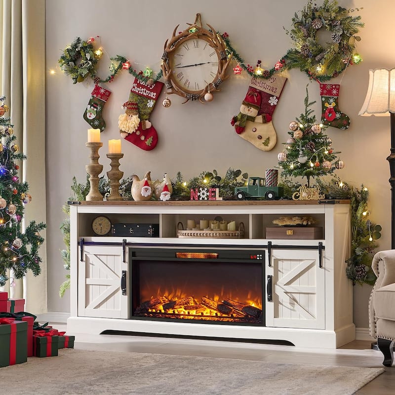 Farmhouse Fireplace TV Stand for 80" TV, Rustic Entertainment Center
