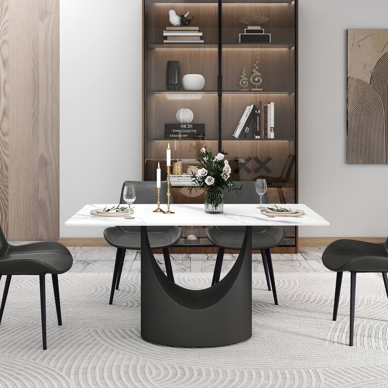 55 inch Dining Table for 4, Modern Sintered Stone Dining Room Table, Rectanglur Kitchen Table with Solid Carbon Steel Base