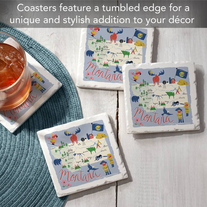Montana Home 4-Pack Absorbent Stone Coasters with Protective Cork Backing 4" Square Made in The USA Artistic Easily Wipes Clean