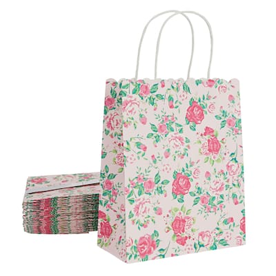 Blue Panda 24 Pack Medium Floral Gift Bags with Handles for Birthday Party Present 10x8x4"
