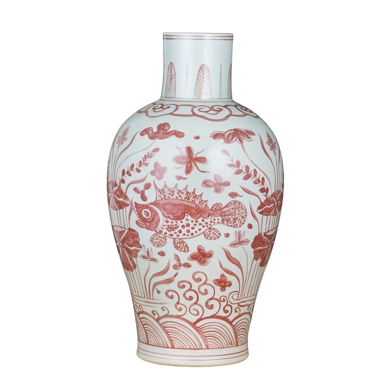 Coral Red Baluster Vase Plum Tree Motif - Small