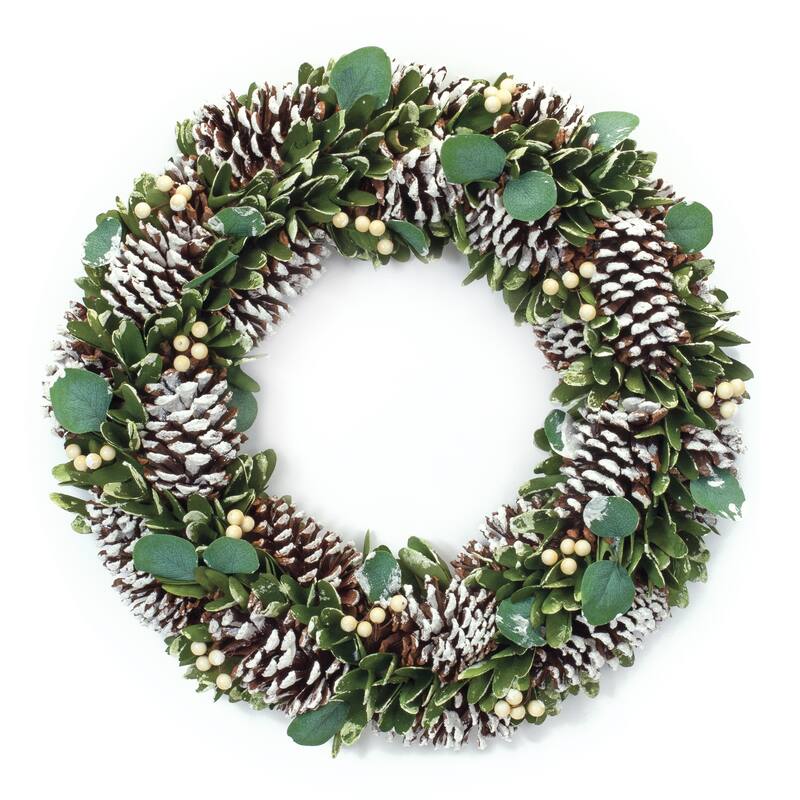 Cone and Berry Wreath 20"D - Green, White - 20 x 4 x 20