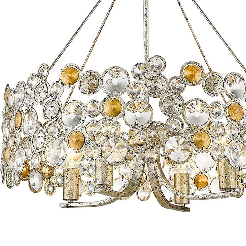 HomeRoots Silver Shaded Four Light Metal and Crystals Dimmable Chandelier With Silver Shades - 27.25' X '28.5' X '27.25