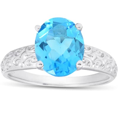 2ct Oval Blue Topaz Vintage Engagement Ring White Gold