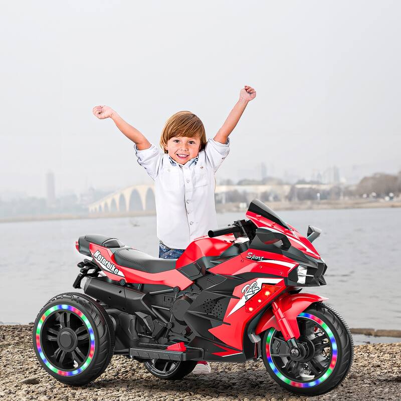12V Electric Motorcycle for Kids, Three Wheels Battery Powered Ride On Motorbike, Ride on Toy with LED Light Wheels