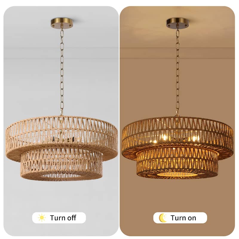 21.65" Rattan Drum Chandelier 2-Tier Boho Hand Woven Pendant Light - Large