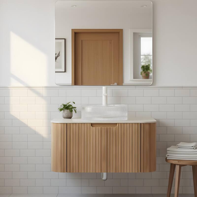 Floating Bathroom Vanity with Transparent Round Glass Basin