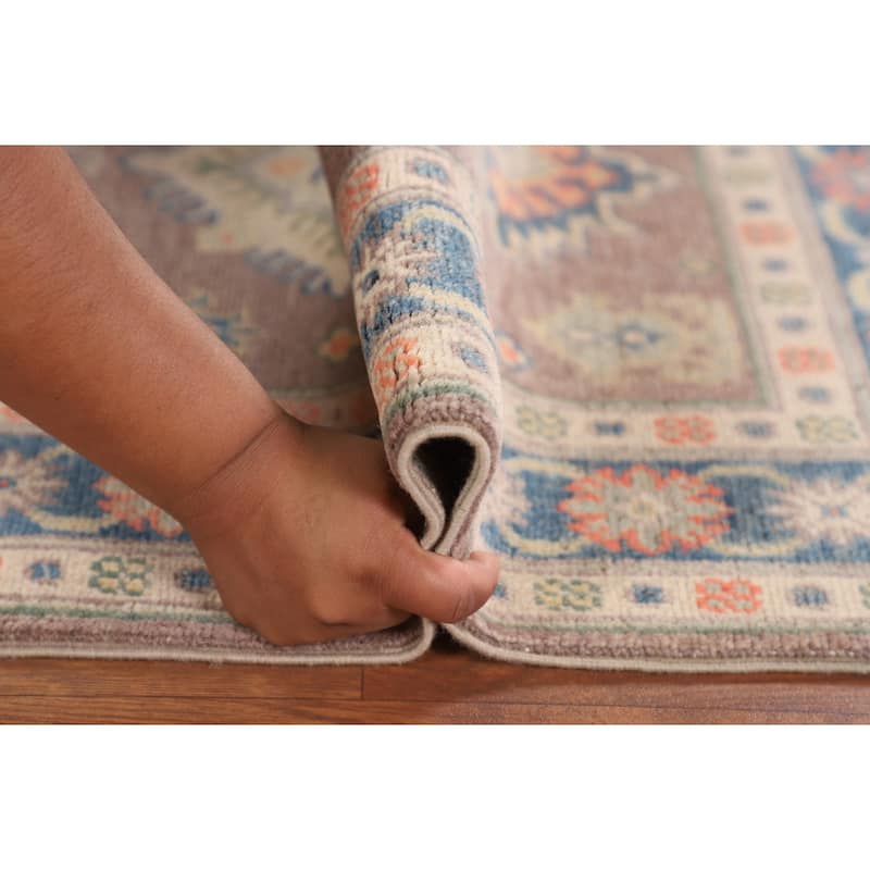 Kazak Foyer Rug Hand-Knotted Geometric Brown Wool Carpet - 2'7" x 3'11"