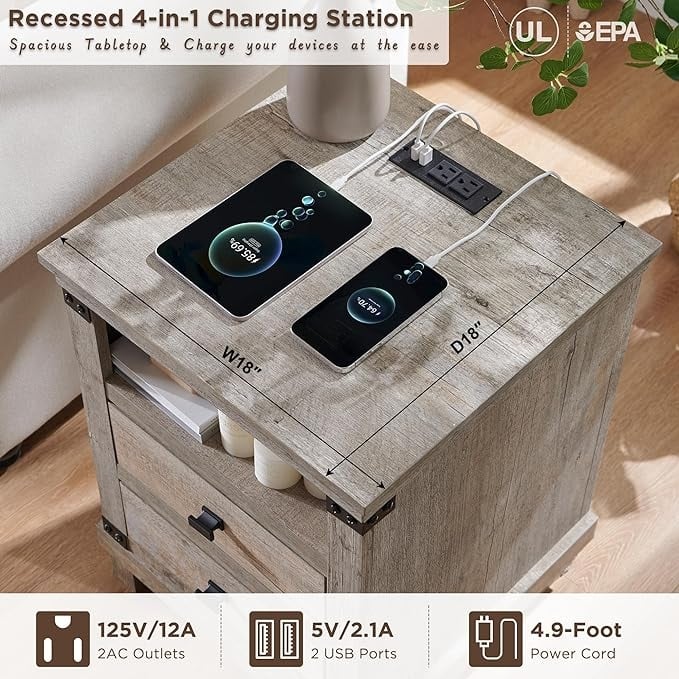 18" Farmhouse Nightstand with Charging Station, Night Stand, End Table