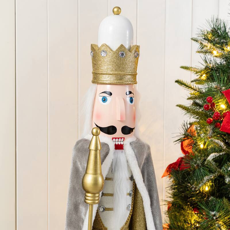 Glitzhome Set of 2 Wooden Christmas Gold Dressed King & Soldier Nutcrackers for Festive Party Fireplace Decor