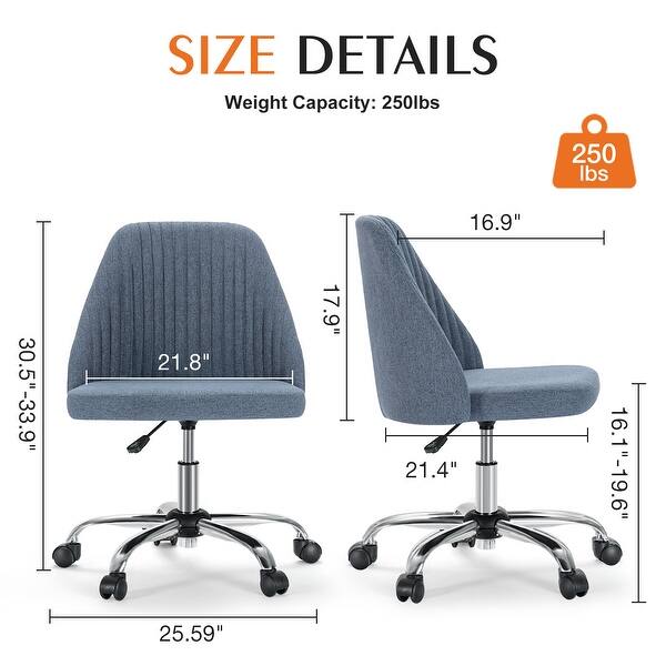 dimension image slide 3 of 6, Armless Fabric Home Office Desk Chairs, Adjustable Height Swivel Task Vanity Chair, Task Chairs with Swivel Wheels - N/A