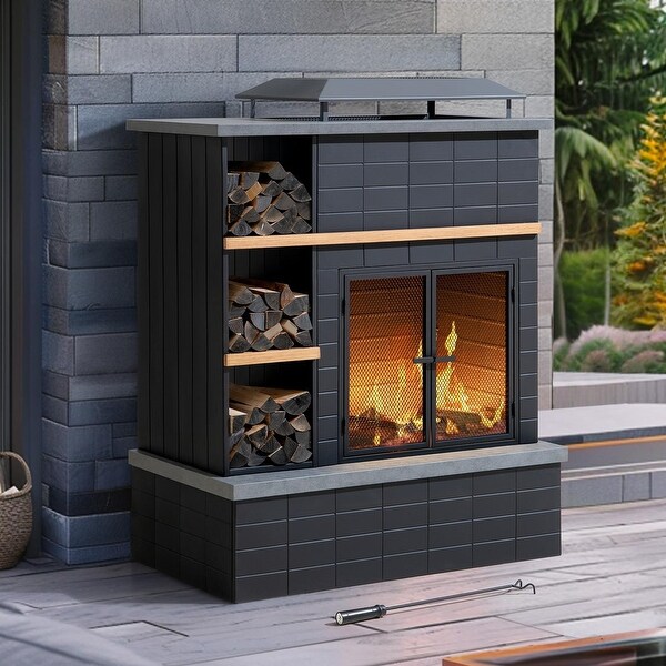 Outdoor Fireplace Wood Burning with Chimney Matte Black Outdoor