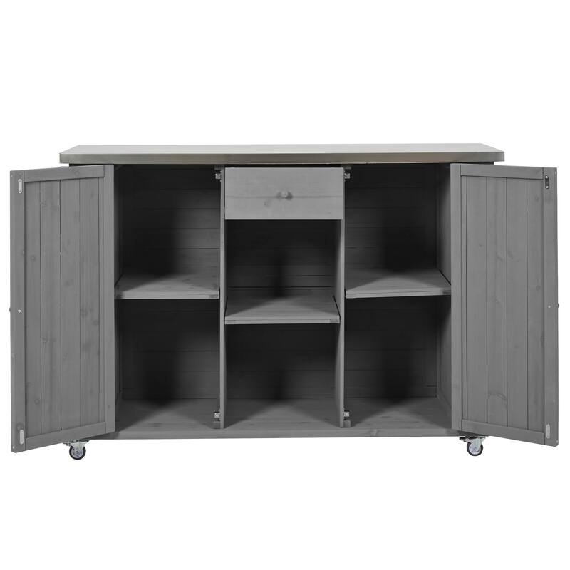 Outdoor Kitchen Island Fir Wood Kitchen Island with Stainless Steel Top, Ample Storage Space