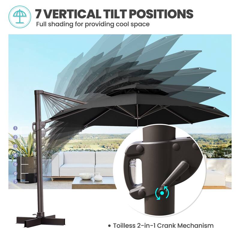 10 FT x 13 FT Outdoor Luxury Solar LED Patio Cantilever Umbrella With Base