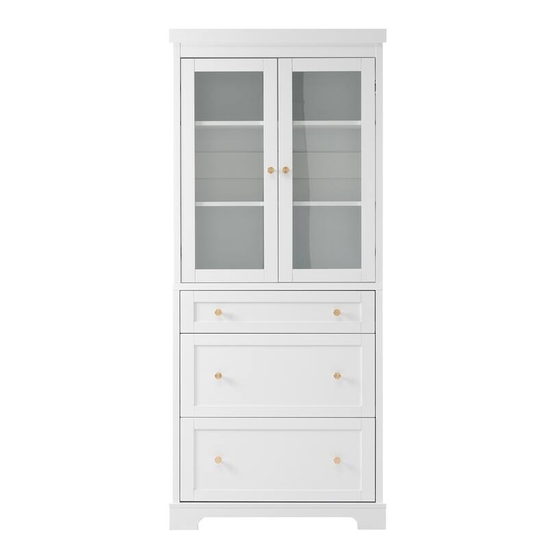 70.1" Modern High Freestanding Tall Bathroom Cabinet with 2 Adjustable Shelves, 3 Drawers, Soft Close Glass Doors