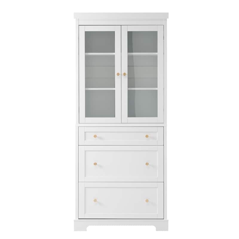Modern Bathroom Storage Cabinet with Glass Doors and Drawers, Tall Freestanding Floor Cabinet with Adjustable Shelves
