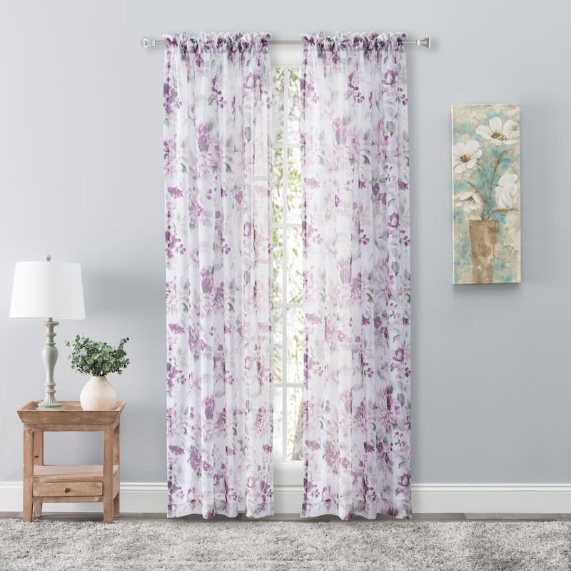 Whimsical Semi-Sheer Floral Rod Pocket Curtain Panel - 54"W x 84"L - Berry