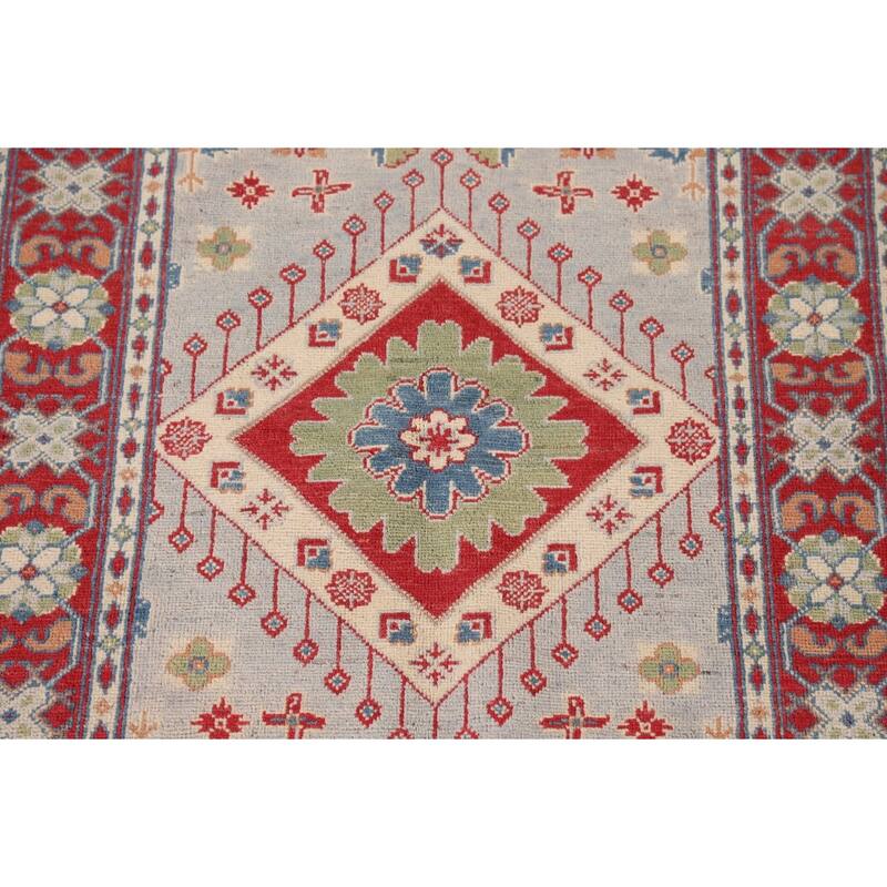 Grey Geometric Kazak Oriental Accent Rug Handmade Wool Carpet - 3'3"x 4'10"