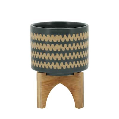 5" Zig-zag Planter with Stand, Teal 7.0"H - 5.0" x 5.0" x 7.0"
