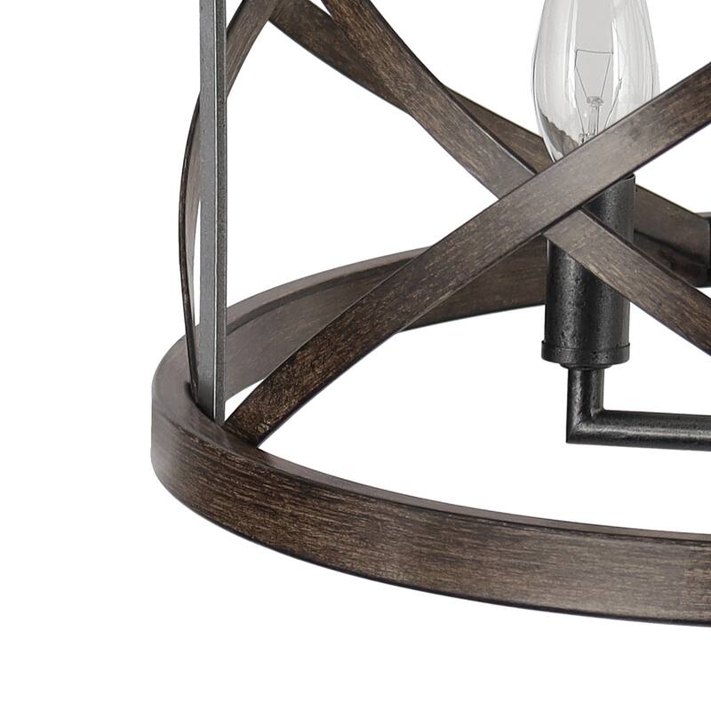 Deun Modern Farmhouse 4-Light Drum Chandelier Wood Grain Cage Lighting for Dining Room