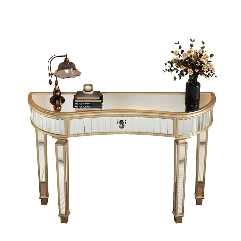 GDFStudio - 47" Half-Moon Mirrored Console Table with Fluted Glass & Crystal Knob Drawer