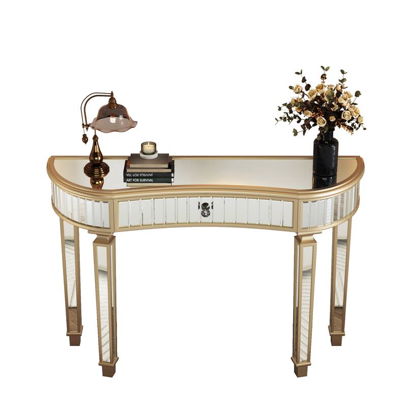 Roomfitters 47" Half-Moon Mirrored Console Table, Fluted Glass Entryway Vanity with Crystal Knob Drawer