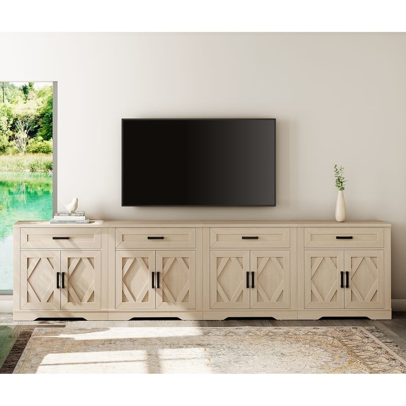 Farmhouse Entertainment Center with Storage Barn Door Cabinet for 50"-130" TVs - 126 inches in width - Beige