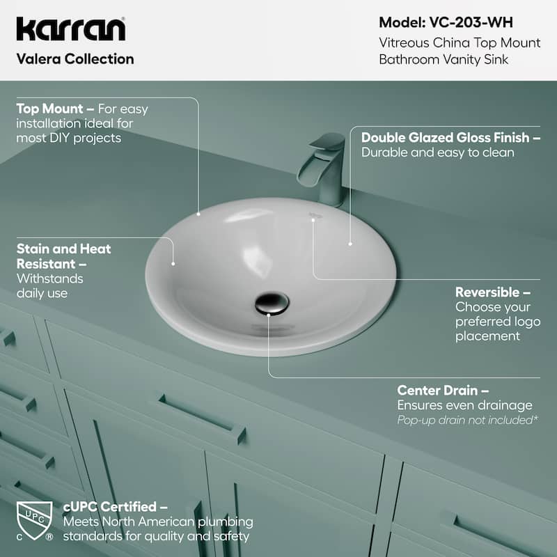 Karran Valera 18" Top Mount Vitreous China Bathroom Sink in White