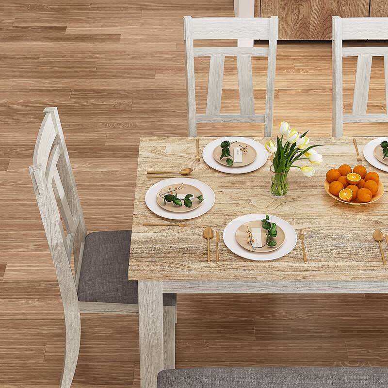 Javlergo 6 Piece Dining Table Set with Bench, Solid Wood Kitchen Table Set with 4 Upholstered Chairs and Bench for Kitchen