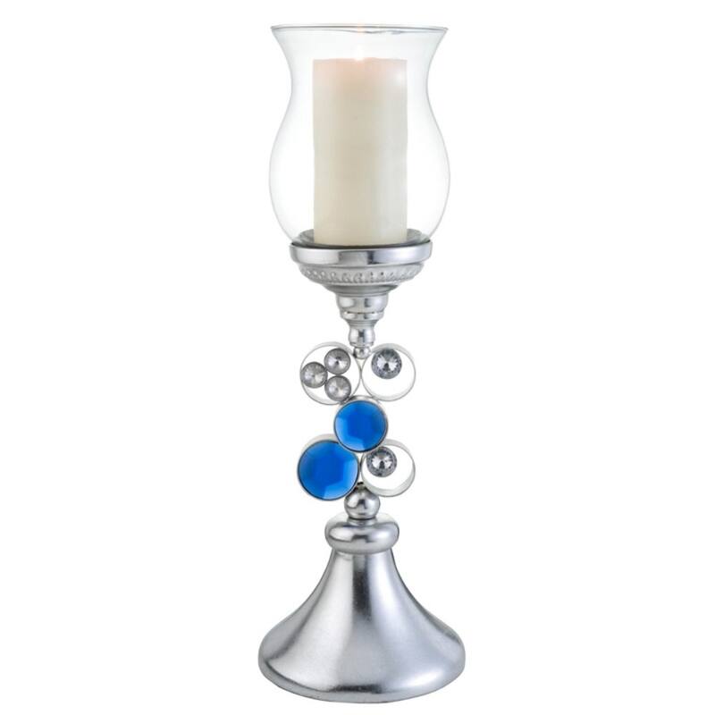 HomeRoots 21" Silver and Blue Faux Crystal Bling Hurricane Candle Holder - 9