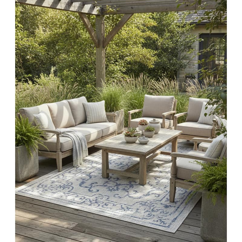 Sevita Sadie Traditional Medallion Navy/Gray Durable Performance Indoor/Outdoor Area Rug - 1'10" x 3'