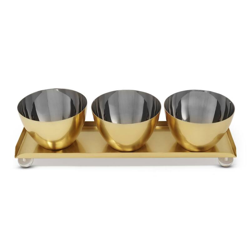 3 Bowl Relish Dish on Tray Gold with Clear Ball Legs - 14.8"L