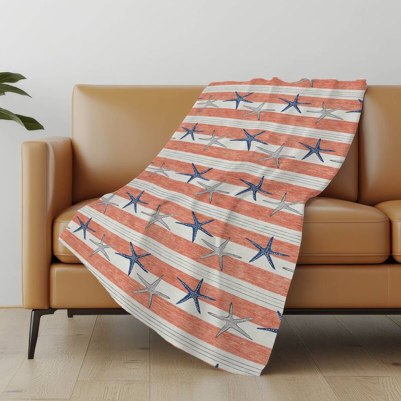 Premium Machine Washable ASB191 Starfish Stripe Sherpa Throw Blanket - Coral - 4'2" x 5'10"