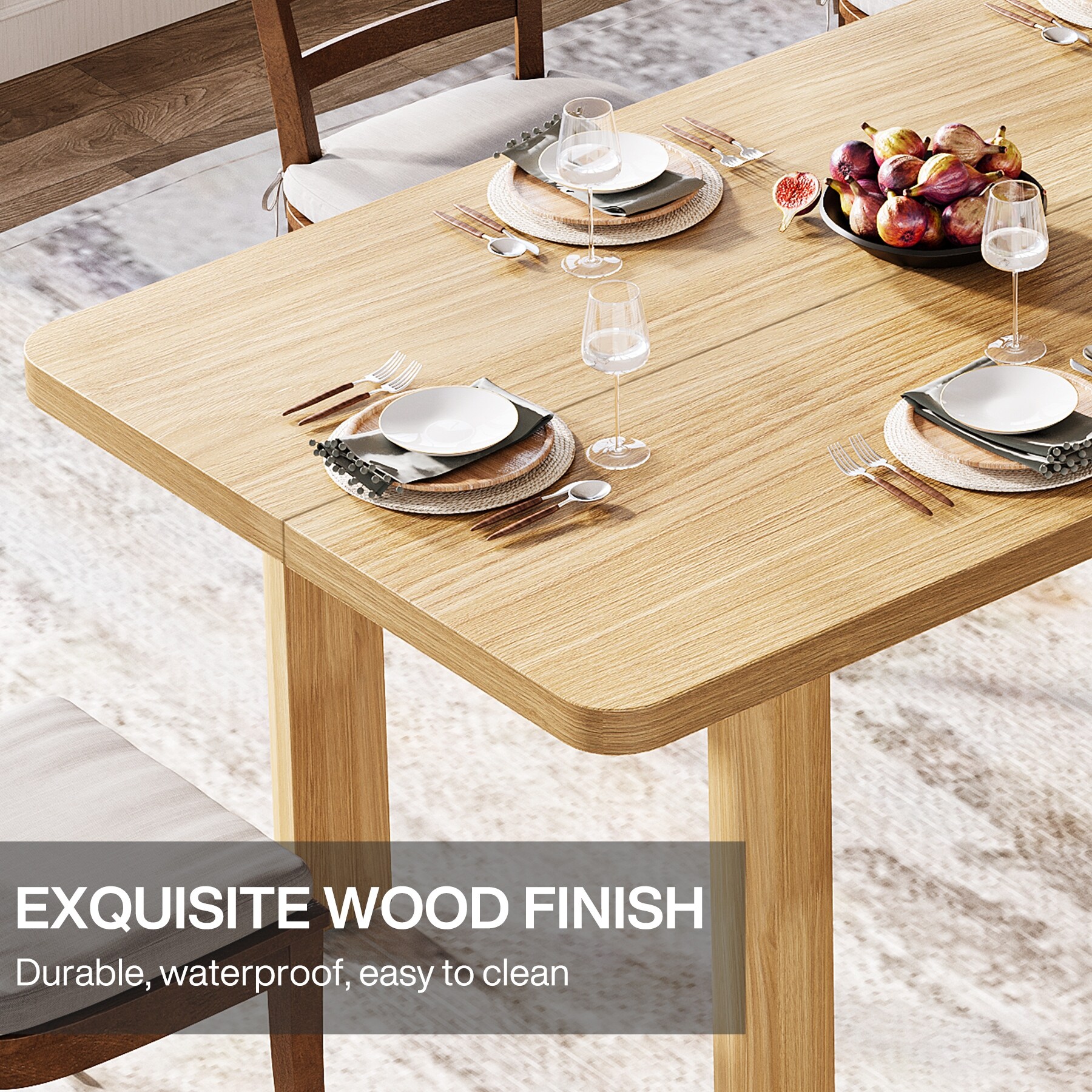 Wood Dining Table, 63'' Farmhouse Kitchen Table with Solid Wood Legs