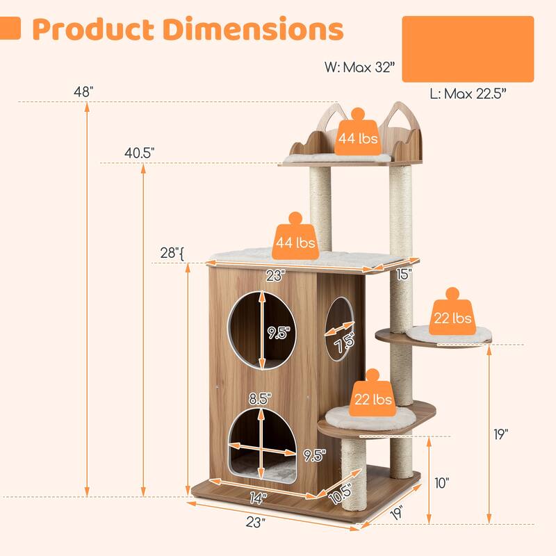 Natural and Beige Wooden Cat Tree Tower with Dual Condos Perches and Scratching Posts 48 Inch - 32" x 22.5" x 48" (L x W x H)