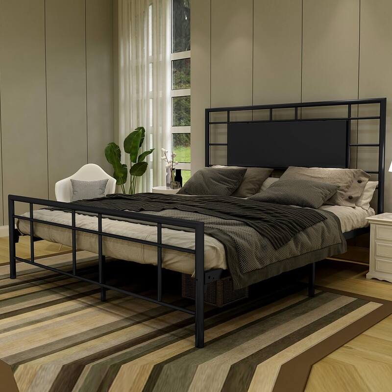 Alazyhome Modern Design Black Metal Platform Bed Frame with Headboard