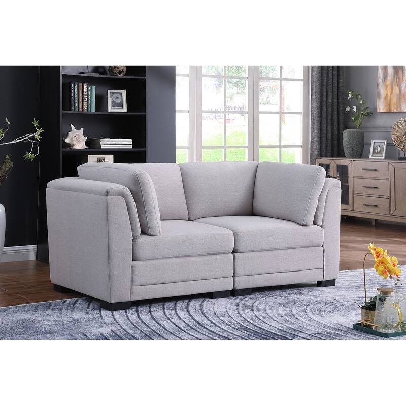 Linen Fabric Upholstered Modular Loveseat in Light Gray and Black - Light Gray and Black