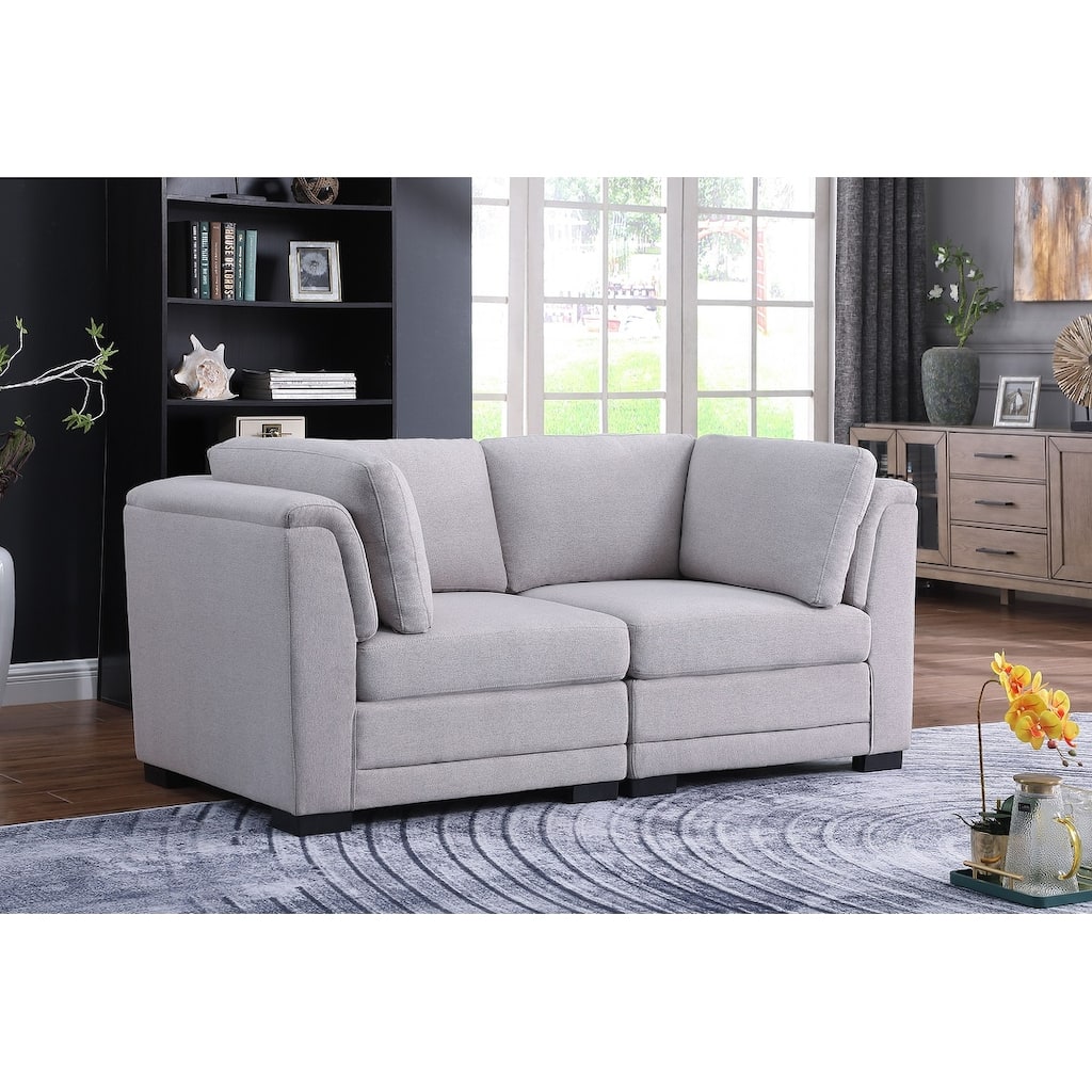 Linen Fabric Upholstered Modular Loveseat in Light Gray and Black