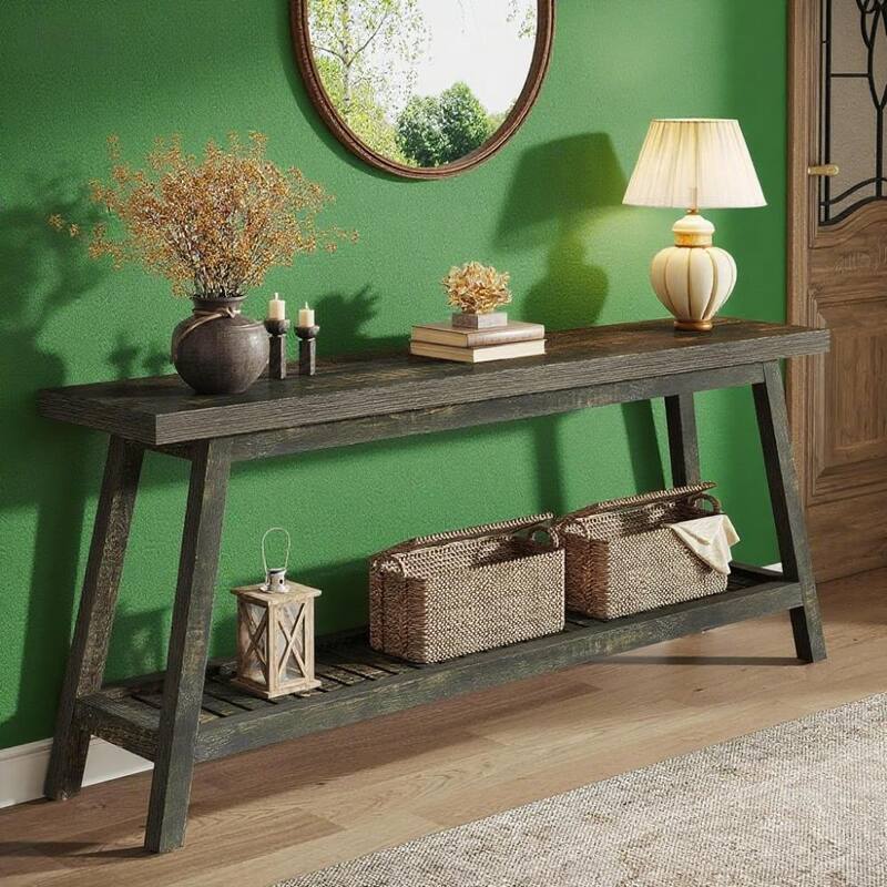 Grey-Natural Engineered Wood 2-Tier Console Table with Farmhouse Style - 70.86” L x 11.81 W x 31.49 H