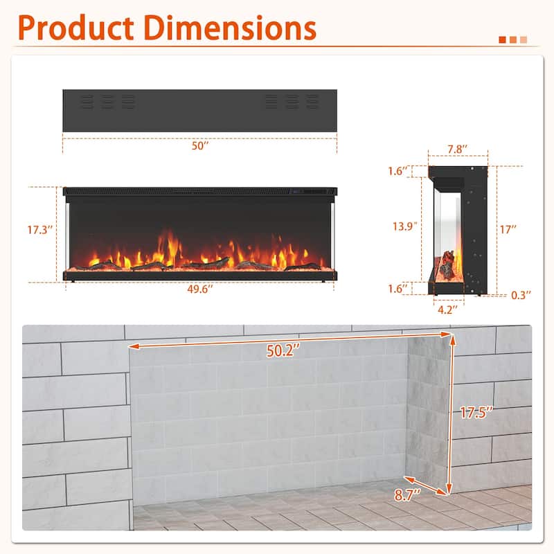 Black 3-Sided Electric Fireplace with Remote and Panoramic Tempered Glass Flames 5000 BTU Heater