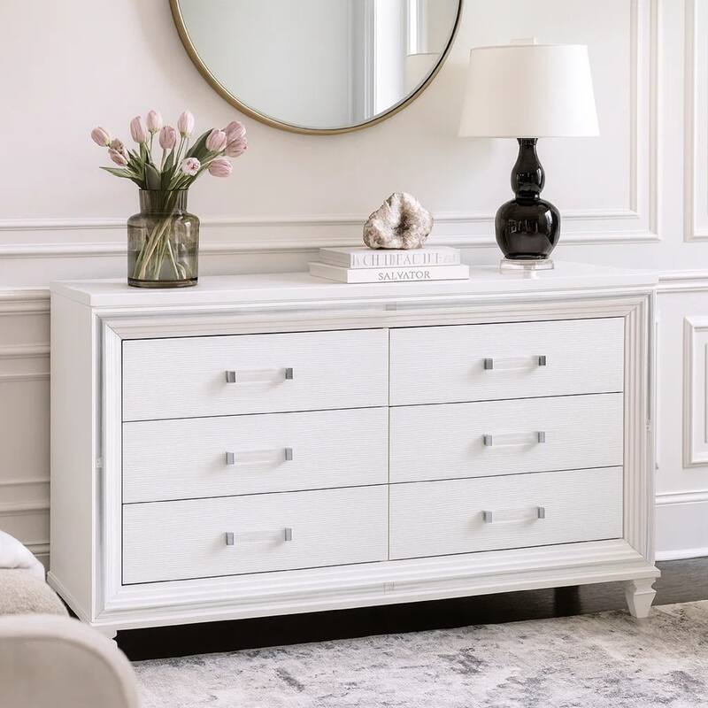 Textured Front 6 Drawer Dresser with Beveled Mirror Trim, White