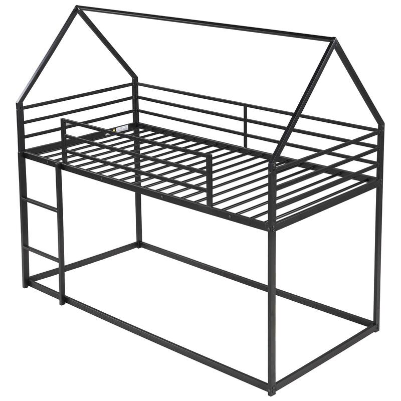 Twin Over Twin Metal Bunk Bed, Playhouse Bunk Beds w/Safety Guardrail & Ladder, Metal Twin Bunk Bed Frame, No Box Spring Needed
