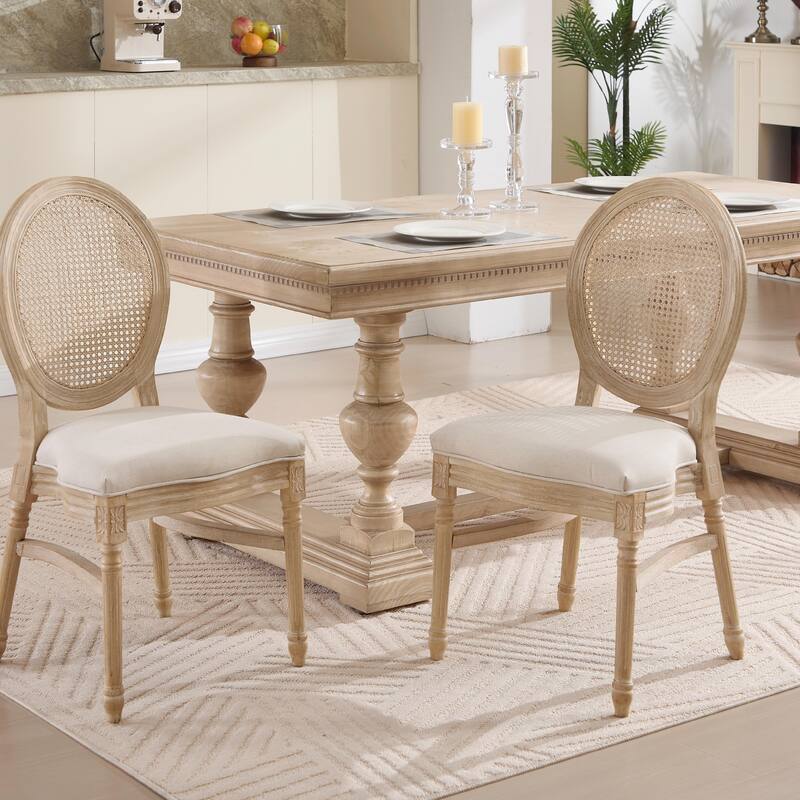 Set of 2 French Country Dining Chairs, Upholstered with Natural Rattan Round Back